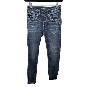 Silver Jeans Co Suki Skinny Dark Wash Distressed Hem Stretch Jeans W24